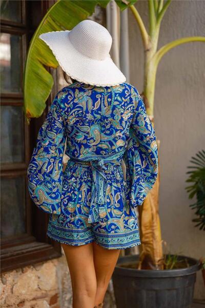 Miss Boheme Turquoise Color Floral Pattern Silk Shorts Blouse Set