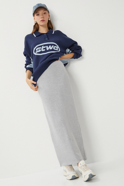 Lovelyİstanbul Soft Knitted Skirt with Slits Lub0226 Gray Melange
