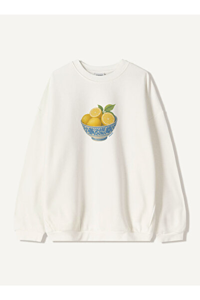 Disante سويت شيرت نسائي كبير الحجم مطبوع عليه ليمون – ياقة دائرية، 3 خيوط من ...