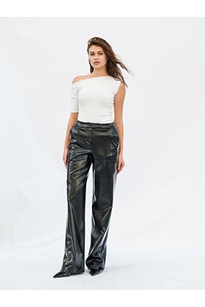 Coral Krokodil Baskılı Düz Paça Pantolon Siyah