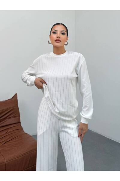 MY DEPO Women's Knee-Length Stone Detail Design Top and Bottom Comfortable Set