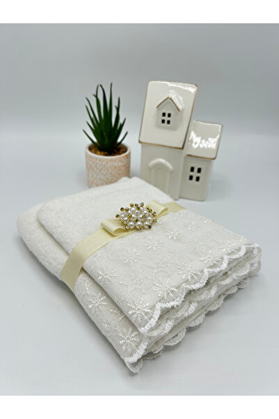 LenaToptan Крем 2-х частинний комплект рушників з мереживом 30x50 і 50x90 см (подарунковий набір - весільний набір - сувенір)