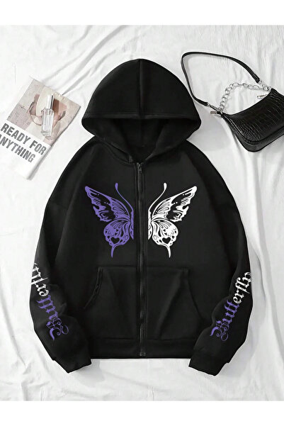 COHERENT UNISEX HIRKA KELEBEK ÖZEL Baskılı Kışlık Oversize Kapüşonlu Fermuarl...