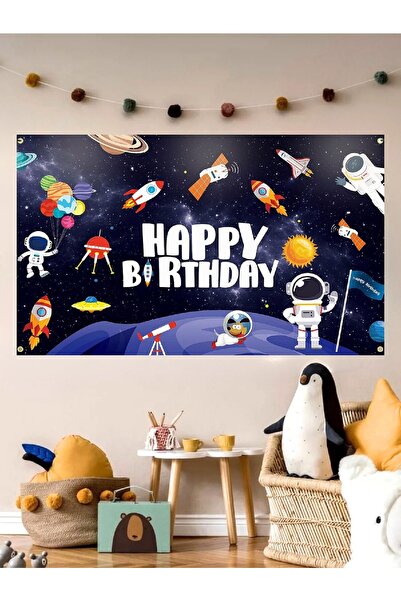Genel Markalar Uzay Temalı Özel Doğum Günü Afişi Arka Fonu 60x100 Vinil -Bran...