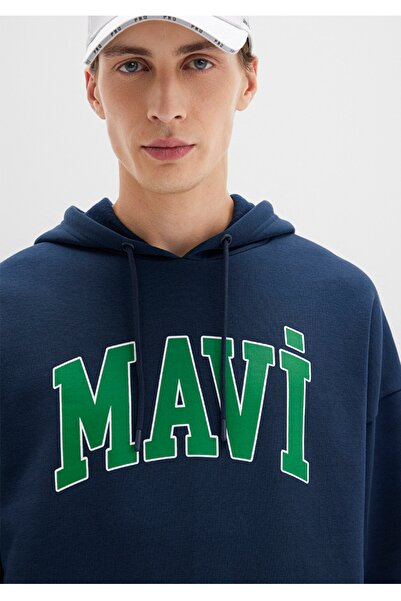 Mavi logo baskılı kapüşonlu oversiz (geniş kesim) sweatshirt