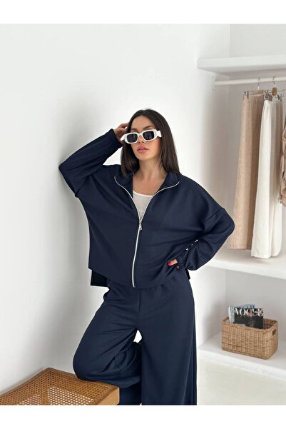 By Kuzey Aras طقم رياضي نسائي من قماش المودال بسحاب وسروال واسع الساق مريح لل...