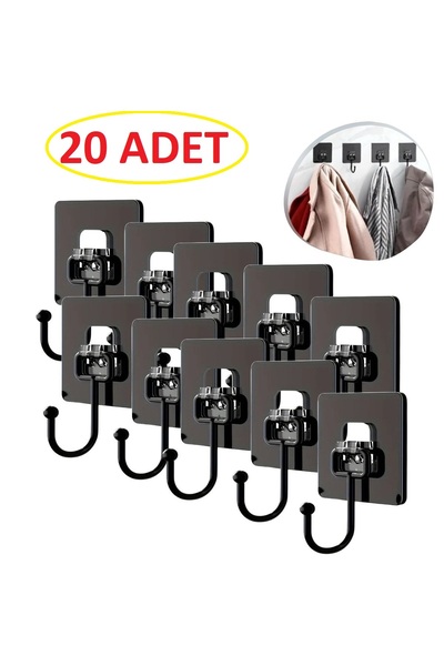TOYFEST A Sınıfı Kaliteli 20 Adet Duvara, Dolapa Yapışan Güçlü Yapışkanlı Siyah Duvar Askısı