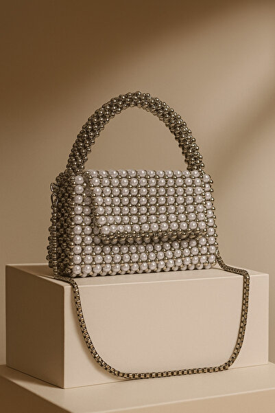 makeops حقيبة سهرة نسائية مزينة باللؤلؤ والأحجار الكريمة، حقيبة يدوية الصنع من الكريستال والخرز الرمادي المعدني