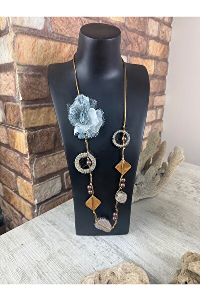 SEDEF TAKI Gri güllü kahve ipli uzun kolye