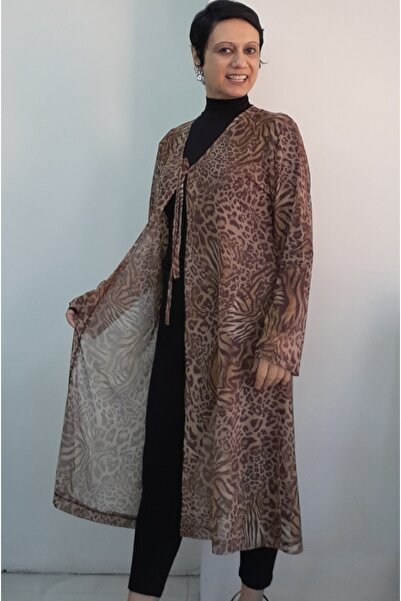 Mertcan Butik Καφέ λάτε Μακρυμάνικο τζάκετ από τούλι με κορδόνια μπροστά και λαιμόκοψη σε σχήμα V σε καφέ τόνους