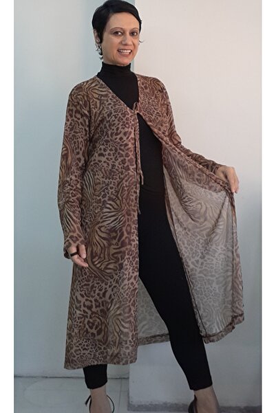 Mertcan Butik Καφέ λάτε Μακρυμάνικο τζάκετ από τούλι με κορδόνια μπροστά και λαιμόκοψη σε σχήμα V σε καφέ τόνους