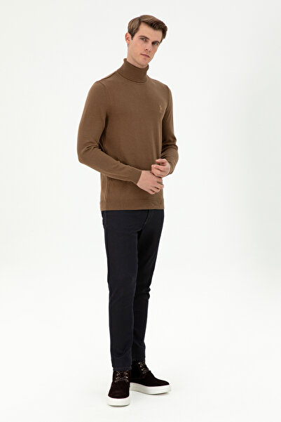 U.S. Polo Assn. Men's Ochre Brown Sweater With High Collar and Embroidered Logo