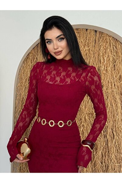 Julidress فستان طويل فاخر من الدانتيل ذو ياقة عالية مبطن باللون العنابي