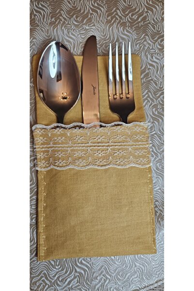 Leylace 2 Pieces Lace Trim, Dark Cream Cotton Linen Cutlery Cover Set, Spoon Holder Serving Presentation, Table Decor