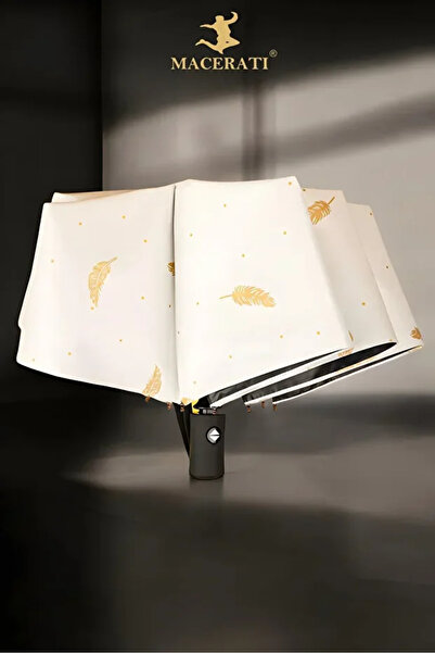 Chunky Frame Otomatik Fonksiyon Açma Kapama Fiber Tel Kılıflı Gold Yaprak Desenli Beyaz-Krem Kadın Şemsiye