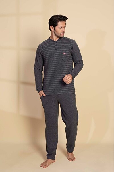 GUAVA+ Guava Men's 3 Button Patterned Long Sleeve Chest Pocket Thessaloniki Fabric Winter Thick Pocketed Pajama Set