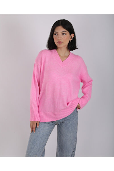 deqfashion Kadın Pempe V Yaka Oversize Salaş Triko Kazak
