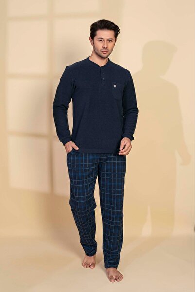 GUAVA+ Guava Men's 3 Button Patterned Long Sleeve Chest Pocket Thessaloniki Fabric Winter Thick Pocketed Pajama Set