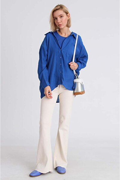 Sibel Günay Butik Cămașă de damă bleumarin supradimensionat |   Detaliu de bu...