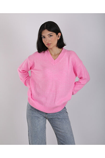 deqfashion Kadın Pempe V Yaka Oversize Salaş Triko Kazak