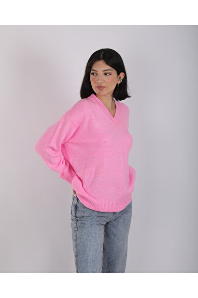 deqfashion Kadın Pempe V Yaka Oversize Salaş Triko Kazak