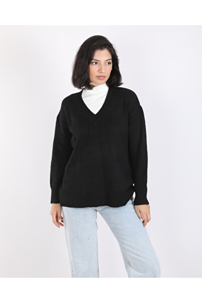 deqfashion سترة نسائية سوداء فضفاضة بياقة على شكل حرف V