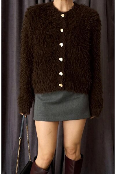 Vaveyla Γυναικεία πλεκτή ζακέτα με κουμπιά καφέ καρδιά