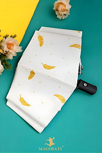 Chunky Frame Otomatik Fonksiyon Açma Kapama Fiber Tel Kılıflı Gold Yaprak Desenli Beyaz-Krem Kadın Şemsiye