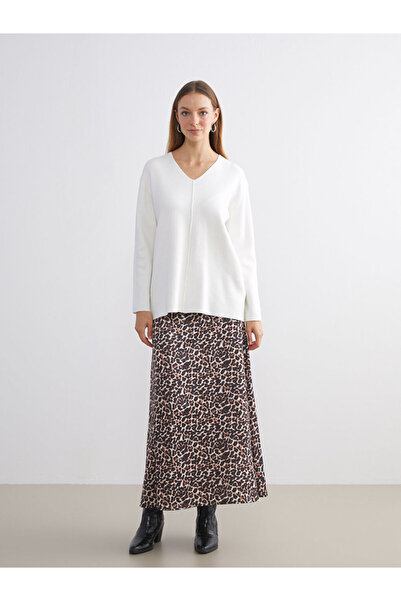 LC Waikiki Brown Zippered Leopard Patterned A-Line Skirt