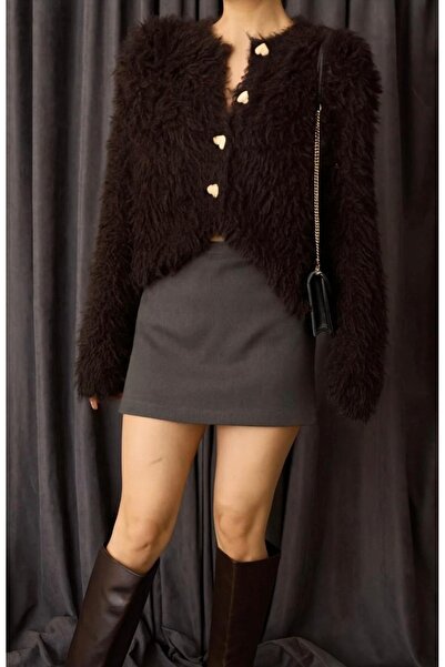 Vaveyla Γυναικεία πλεκτή ζακέτα με κουμπιά καφέ καρδιά