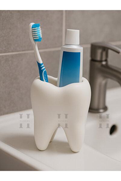 Heners علبة فرشاة أسنان ومعجون أسنان على شكل سن أبيض، حامل أقلام على شكل سن