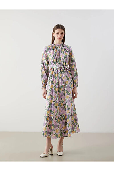 LC Waikiki Purple Ruffled Stand Collar Floral Shirt Dress
