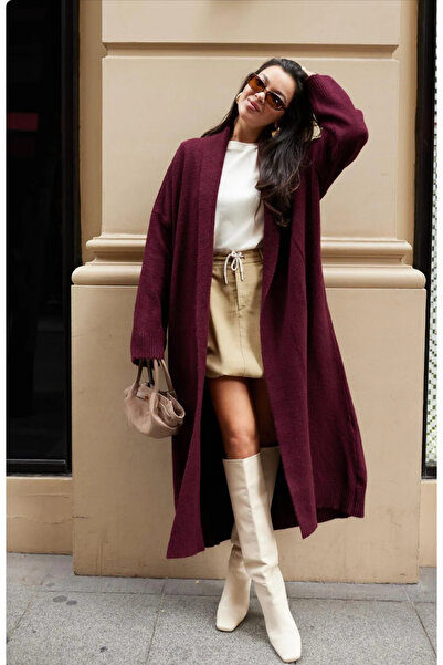Vaveyla Women's Burgundy Shawl Collar Long Knitwear Cardigan | Oversize & Comfortable Model