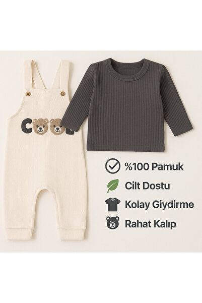 MYZİ STORE Baby Cotton 2-Piece Set – Teddy Bear Detailed Long Sleeve T-Shirt and Salopet