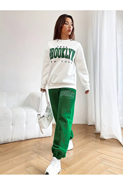 darkopia Unisex Brooklyn New York Printed Oversize 3 Thread Crew Neck Sweatshirt Tracksuit Set