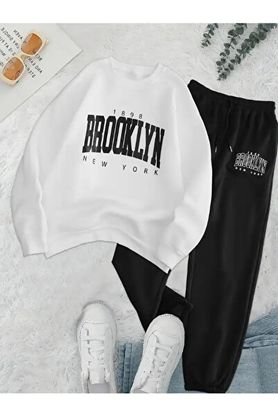 darkopia Unisex Brooklyn New York Printed Oversize 3 Thread Crew Neck Sweatshirt Tracksuit Set
