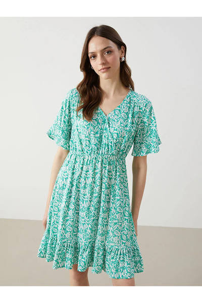 LC Waikiki Green Double-Breasted floral collar dress
