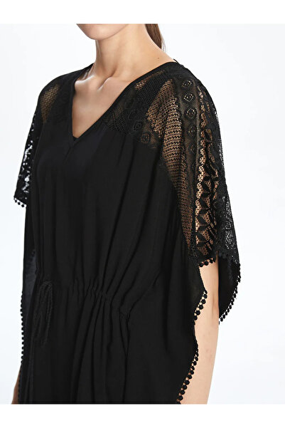 LC Waikiki Black V-Neck Lace Detailed Beach Dress