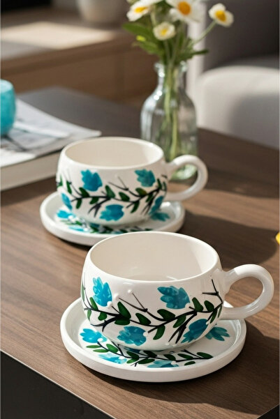 Hopce Flora El Yapımı Çiçek Begonvil Desenli, 4 Parça 2 Kişilik Çay Fincanı T...