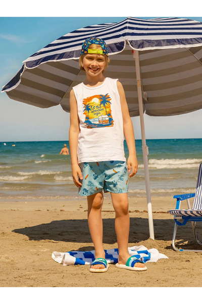 LC Waikiki Turquoise Crew Neck Boys Tank Top and Swim Shorts