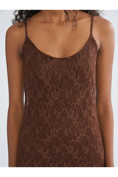 LC Waikiki Brown U-Neck Embroidered Rope Strap Lace Dress