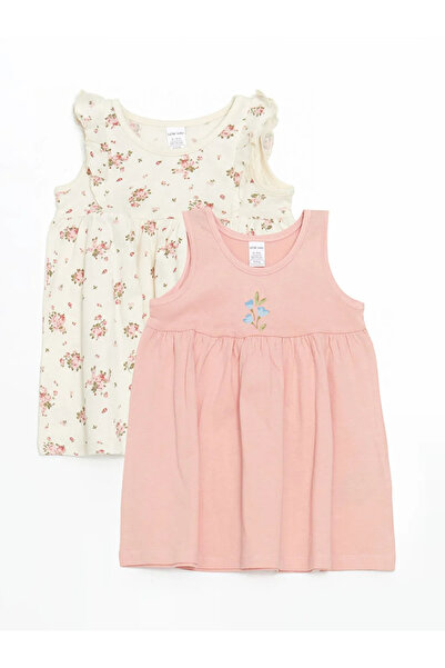 LC Waikiki Ecru Floral Combed Cotton Pleated Baby Girl Dress 2-Piece Set