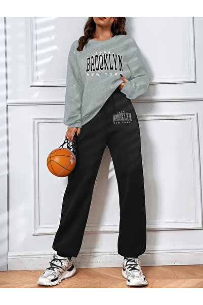 darkopia Unisex Brooklyn New York Printed Oversize 3 Thread Crew Neck Sweatshirt Tracksuit Set