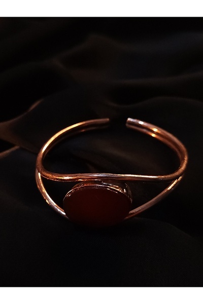 bazin Doğal Kırmızı Akik Taşlı El İşlemesi Bakır Bileklik