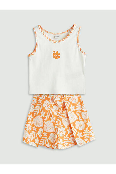 LC Waikiki White Crew Neck Floral Girls' Tank Top and Shorts Skirt