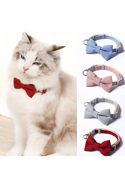 STEELVA Ekose Desenli Kadife Papyonlu Kedi ve Küçük Irk Köpek Tasması Ayarlan...