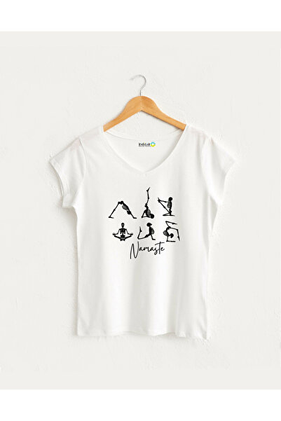 Kidilia Namaste İskelet Görselli Kadın V yaka %100 Pamuklu Pilates Tasarım T-shirt