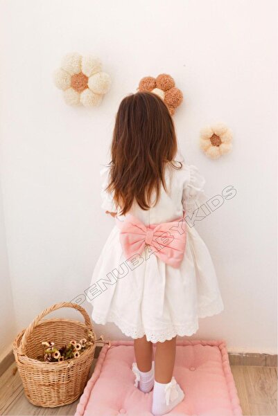 penu baby kids Ecru Cotton Satin Pink Belted Bowknot Skirt Lace on the Sleeve Hem Short Sleeve Girls Kids Baby Girl Dress
