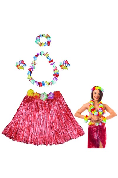 Generic Brand Costum de dans hawaian – Set de fustă roșie Hula și colier cu f...