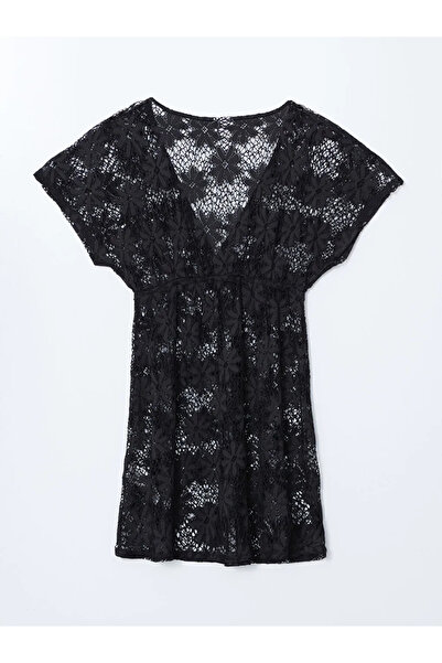 LC Waikiki Black Double-Breasted Collar Lace-Up Women's Beach Dress
